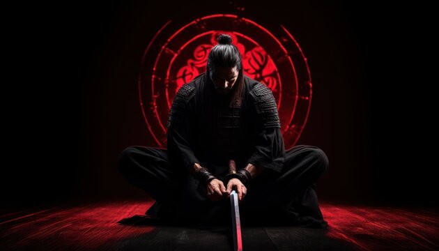 samurai warrior on his knee  wearig black  and holding katana sword ,red  circle calligraphy background ,epic,cinematic  scene