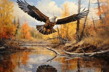 Wall Mural - An eagle flying over a river in the fall, AI