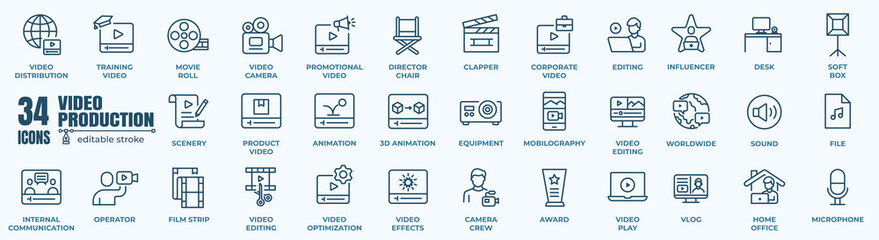 Wall Mural - Simple Set of Video Production Related Vector Line Icons. It contains thin Icons such as cameras, play, pause, media, online video, live, production, and more. Editable Stroke. 48x48 Pixel Perfect