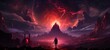 Digital art painting in rough style about huge red monster with human standing infront of it