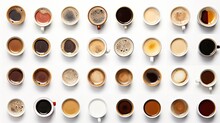  A Group Of Different Types Of Coffees On A White Surface.  Generative Ai
