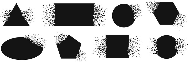 Shape explosion, frame exploded and spray particles. Black square, circle and triangle exploding. Shatter plastic, broken surface racy vector set