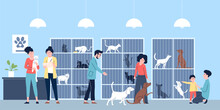 Family Adoption Pet In Animal Shelter. Choose Your Cat Or Dog, Animals Wait Home. Kind Men, Women And Children Adopted Pets, Recent Vector Scene