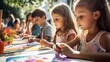 A group of children concentrating intently, brushes in hand, creating colorful paintings on a sunny afternoon.