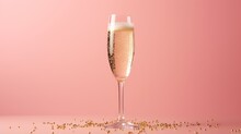 A Champagne Glass Filled With Champagne And Gold Flakes On A Pink Background.  Generative Ai