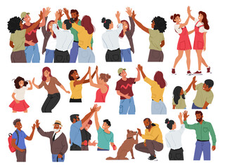 Wall Mural - Characters Celebrate Success By Enthusiastically Slapping Palms Together, A High Five, Creating An Audible Clap