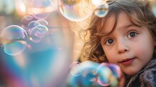 A Little Girl Delighting In Blowing Oversized Bubbles, Her Eyes Wide With Wonder At The Iridescent Orbs.