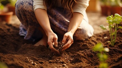 A woman kneeling on the ground, delicately planting seeds, her hands skillfully navigating the soil.