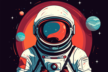 astronaut in spacesuit against the backdrop of space and planets. universe adventures and rescue mis