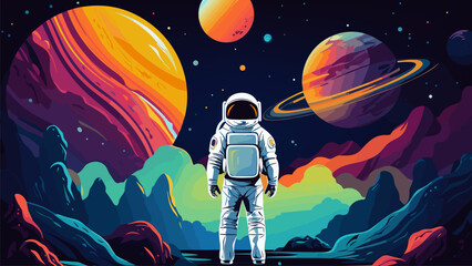 Wall Mural - space adventures landscape. astronaut stand on planet in open universe and looking on planets in sky