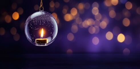 Wall Mural - Candle with bright flame in purple ball hanging on dark blurred background with bokeh lights. Christmas and New Year holiday banner. Prayer concept