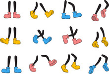 Comic Feet. Cartoon Legs In Coloured Sneakers Shoe, Comic Foot Step Walk Jumping Run Pose For Dance, Retro Vintage Character Sketch Leg Footwear Poses Pink Boot Vector Illustration