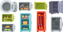 Cartoon open safes. Opened empty safe strongbox locker with money gold or guns, vault bank door for cash security, compact deposit box financial investment neat vector illustration