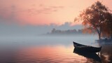 Fototapeta Zachód słońca - A mist-covered lake at dawn, with a rowboat gently gliding across the water, creating a serene and tranquil atmosphere.
