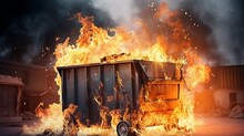 A Dumpster Engulfed In Flames In A Parking Lot