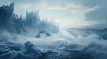 A Surreal Winter Seascape, Where Icy Waves Crash Against Towering Cliffs, Creating A Breathtaking Display Of Nature's Power.