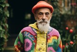 Fototapeta  - Portrait of an old man with a white beard in a colorful sweater and a hat.