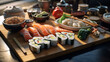 Sushi set and maki on the table and kitchen background with sunny rays for advertise. Created using generative AI.