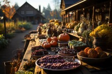 A Scenic View Of A Thanksgiving Harvest Festival, With Vendors Selling Fresh Produce, Artisanal Goods, And Handcrafted Decorations At A Bustling Market