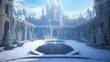 Tranquil snowy castle courtyard, with snow-covered stone pathways, archways, and a central fountain frozen in time, surrounded by the grandeur of winter.