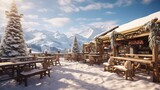 Tranquil winter café at the base of a ski resort, with outdoor seating surrounded by heaters, where skiers take a break and enjoy warm beverages against the backdrop of snow-covered mountains.