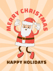 Wall Mural - Retro cartoon Santa Claus character poster. Merry Christmas postcard. Happy New year. Vector illustration