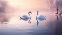 Tranquil Winter Lake With A Pair Of Swans Gracefully Gliding On The Frozen Water, Their Reflections Mirrored In The Smooth Ice Under The Soft Light Of Dawn.