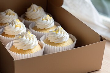 Wall Mural - Close up selective focus of lemon cupcakes with white cream in cupcake packaging inside a delivery box