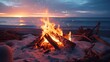 Winter beach bonfire at sunset, flames flickering against a backdrop of colorful skies, creating a cozy and enchanting scene.