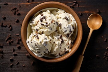 Sticker - Flat lay of Italian stracciatella ice cream scoop with dark chocolate flakes in creamy vanilla ice cream viewed from above to show texture