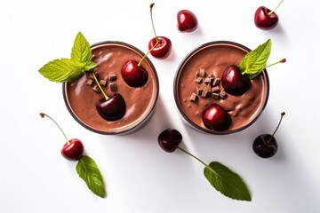 Poster - Flat lay of chocolate smoothies with cherries on white background