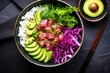Healthy Hawaiian dish with rice featuring tuna poke bowl and various fresh toppings captured in an aerial flat lay
