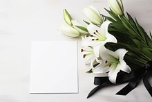 Indoor Funeral Frame With Black Ribbon Lilies And Space For Design On White Table