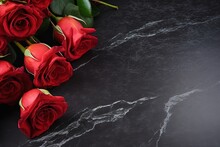 Outdoor Funeral With Red Roses On Black Tombstone Space For Text