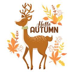 Wall Mural - Vector illustration with cute deer character, lettering and autumn leaves isolated on white background. Illustration for Thanksgiving greeting card, invitation template, poster