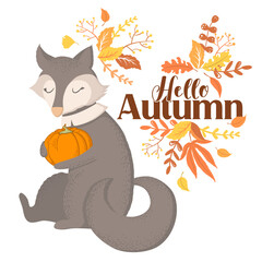 Wall Mural - Vector illustration with cute wolf character, lettering and autumn leaves isolated on white background. Illustration for Thanksgiving greeting card template, poster, invitation