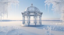 Winter Lakeside Gazebo, Its Pillars Adorned With Icicles, Overlooking A Frozen Expanse Where Skaters Leave Graceful Marks On The Pristine Ice.