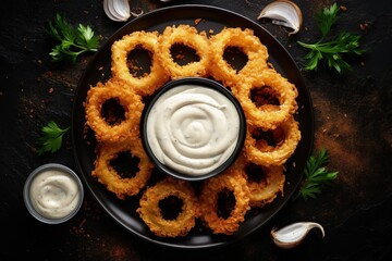 Sticker - Top view of crispy onion rings and white sauce on a dark background