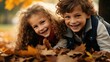 © PixelPaletteArt - Two siblings, joyfully playing with colorful autumn leaves in a park, capturing the essence of innocent and playful relationships.