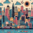 Chicago skyline quirky doodle pattern, background, cartoon, vector, whimsical Illustration