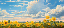 A Panoramic View Of A Sunflower Field, With The Vibrant Yellow Flowers Standing Tall Under A Vast Blue Sky Dotted With Fluffy White Clouds