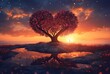 © LivroomStudio - heart shaped tree with beautiful sunset. generative ai