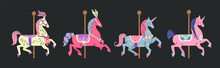 Set Carousel Horses. Cartoon Cute Pink Unicorns, French Retro Vintage Carousel.