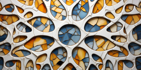 Wall Mural -  Geometric Art Mosaics. Symmetrical Voronoi Stained in Blue, White, and Yellow Colored