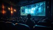 © Margo Alexa - film on screen old retro cinema with red velvet walls and seats. mystical atmosphere.