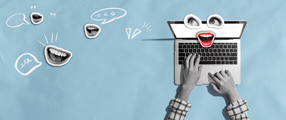 Wall Mural - Person using a laptop computer with eyes and mouth - Photo collage design