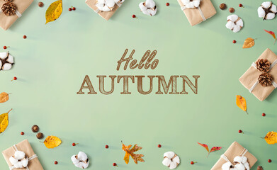 Wall Mural - hello autumn message with gift boxes with autumn leaves