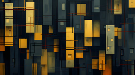 Wall Mural - Yellow and Black Building: Squares and Canvas Texture Emphasis in Mid-Century Style Background