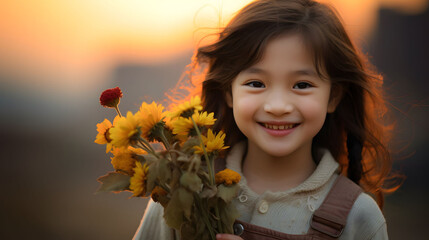 Cute little girl with holding flowers bouquet, smiling, golden hour backlight  