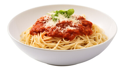 Bowl of delicious spaghetti bolognese on a white transparent background